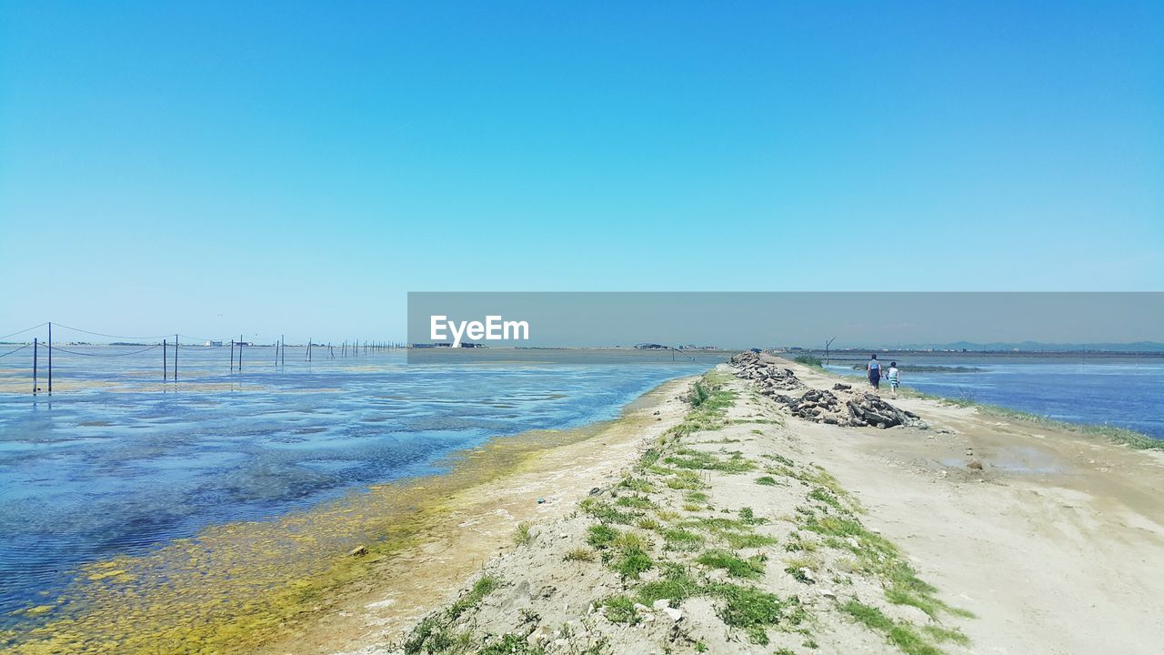 Scenic view of sea against clear blue sky