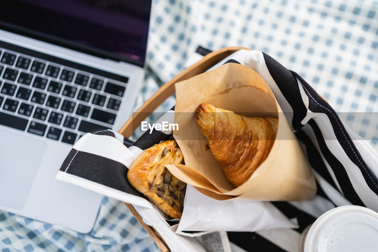 High angle view of breakfast served on table