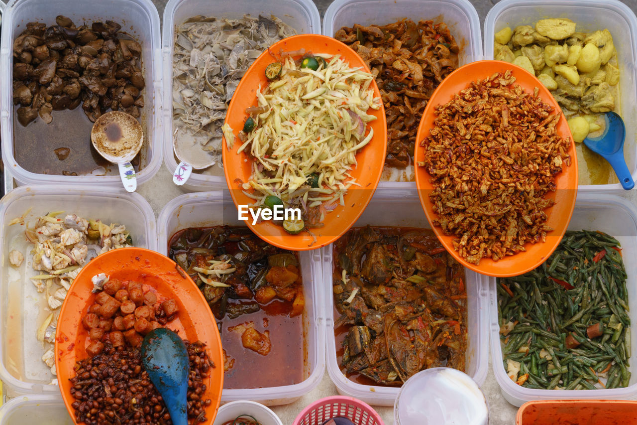 High angle view of buffet meal on table