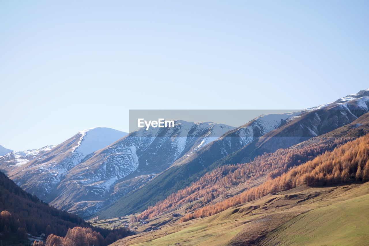 Scenic view of snowcapped mountains against clear sky