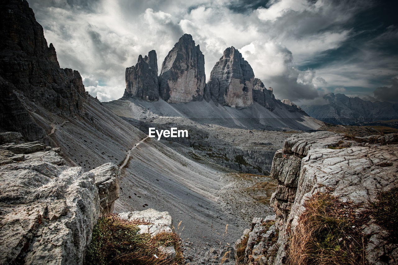 Scenic view of three peaks of lavaredo against sky