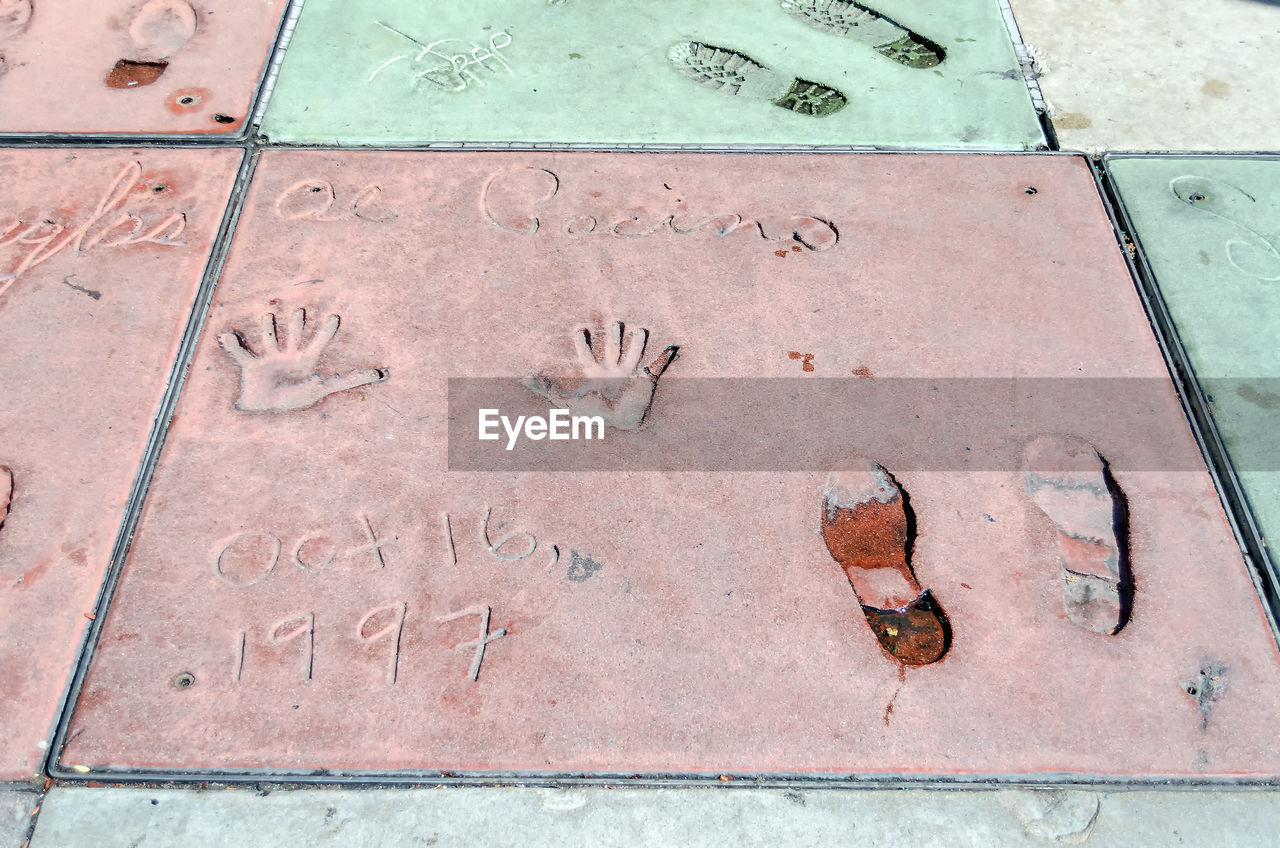 HIGH ANGLE VIEW OF TEXT WRITTEN ON THE FOOTPATH