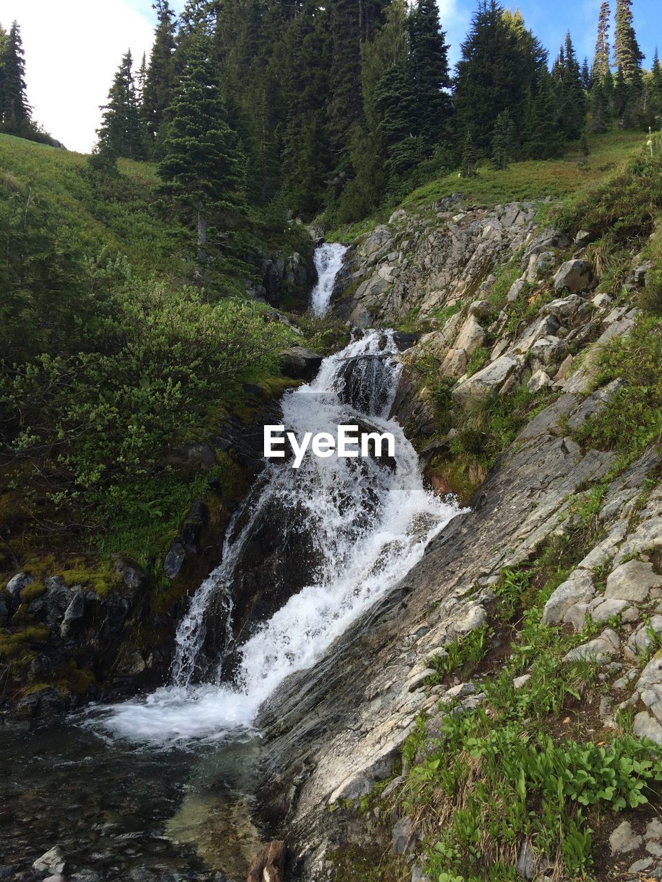 Scenic view of waterfall against sky