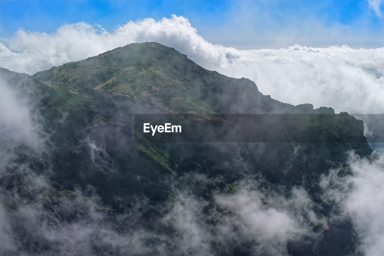 Scenic view of mountain in dense clouds. pico do arieiro on portuguese island of madeira