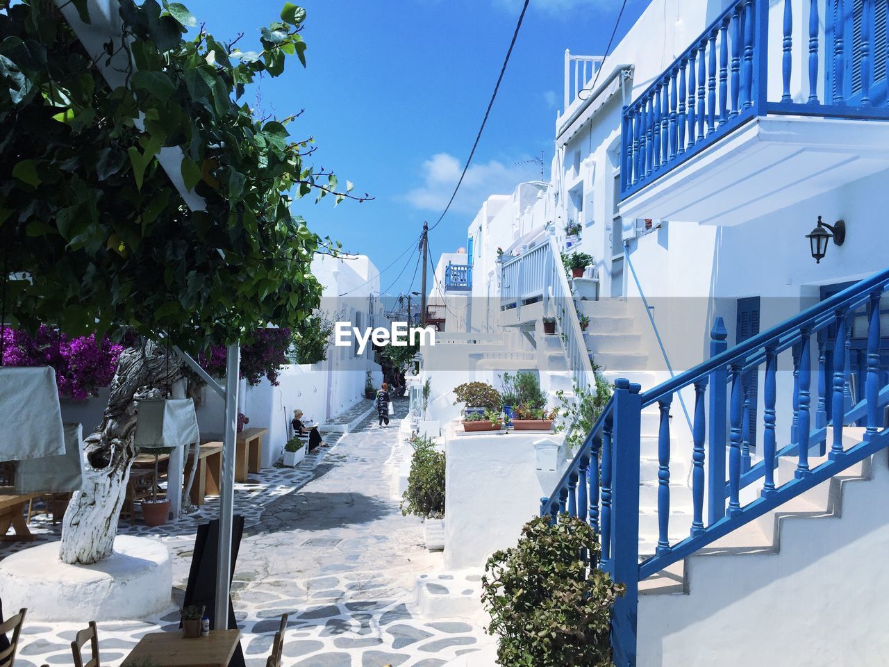 Blue and white buildings by narrow footpath at mykonos