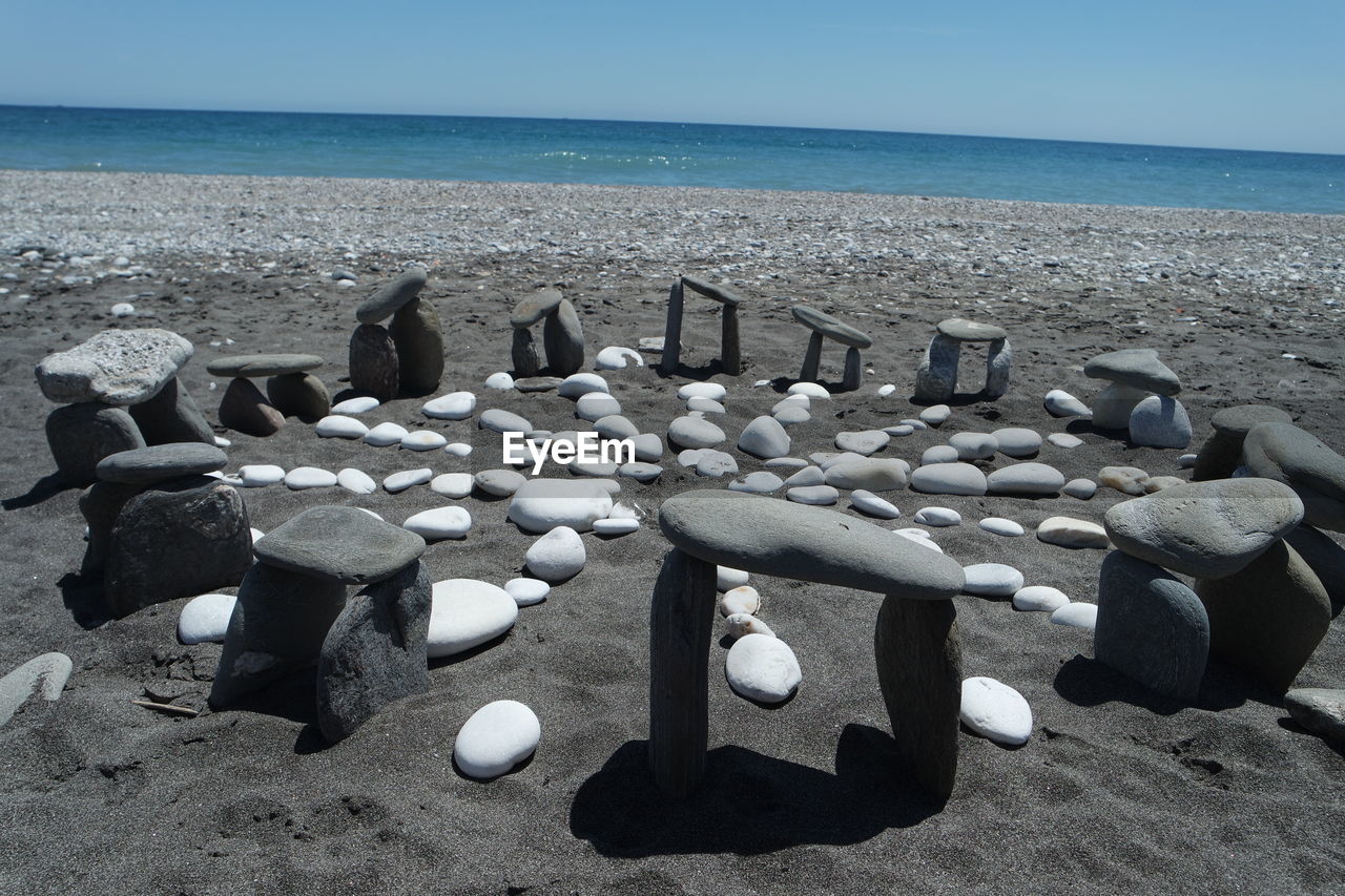 View of pebbles on beach against clear sky