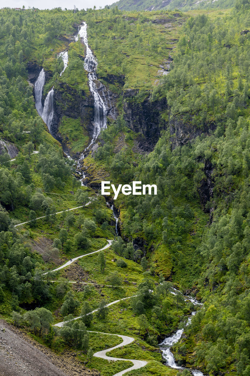 A saterfall in norway with a hiking trail winds sideways up the mountain through dense forest 