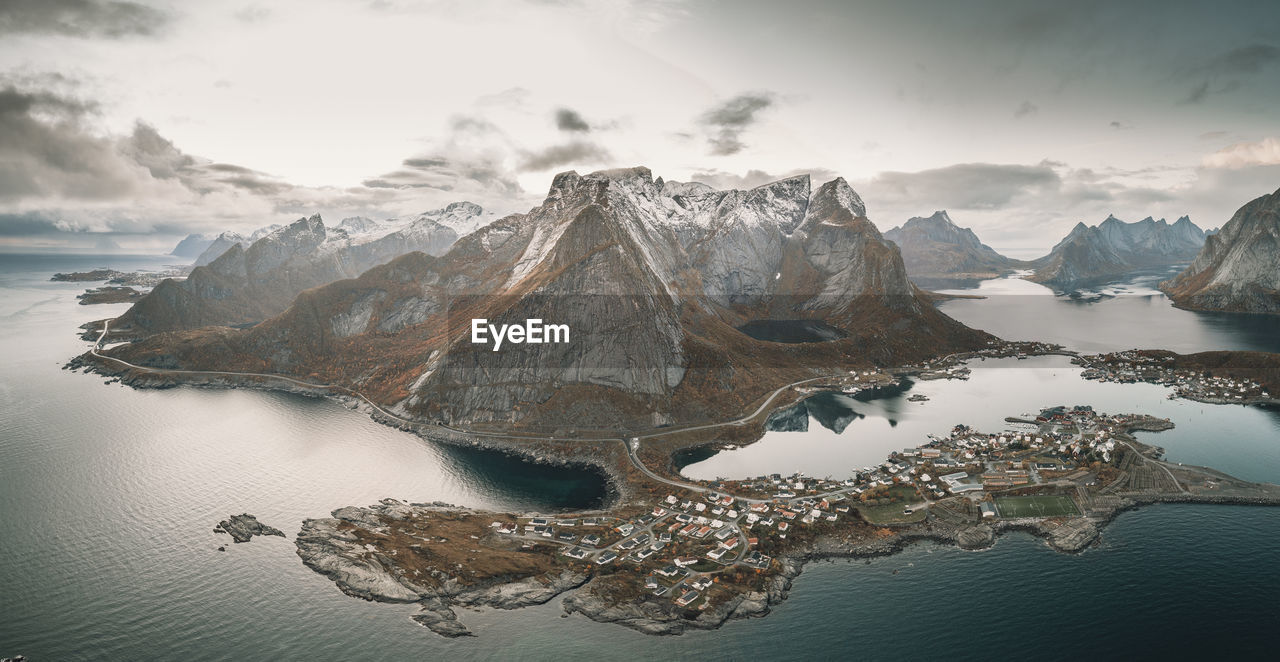 Panoramic view of the mountains and islands around lofoten