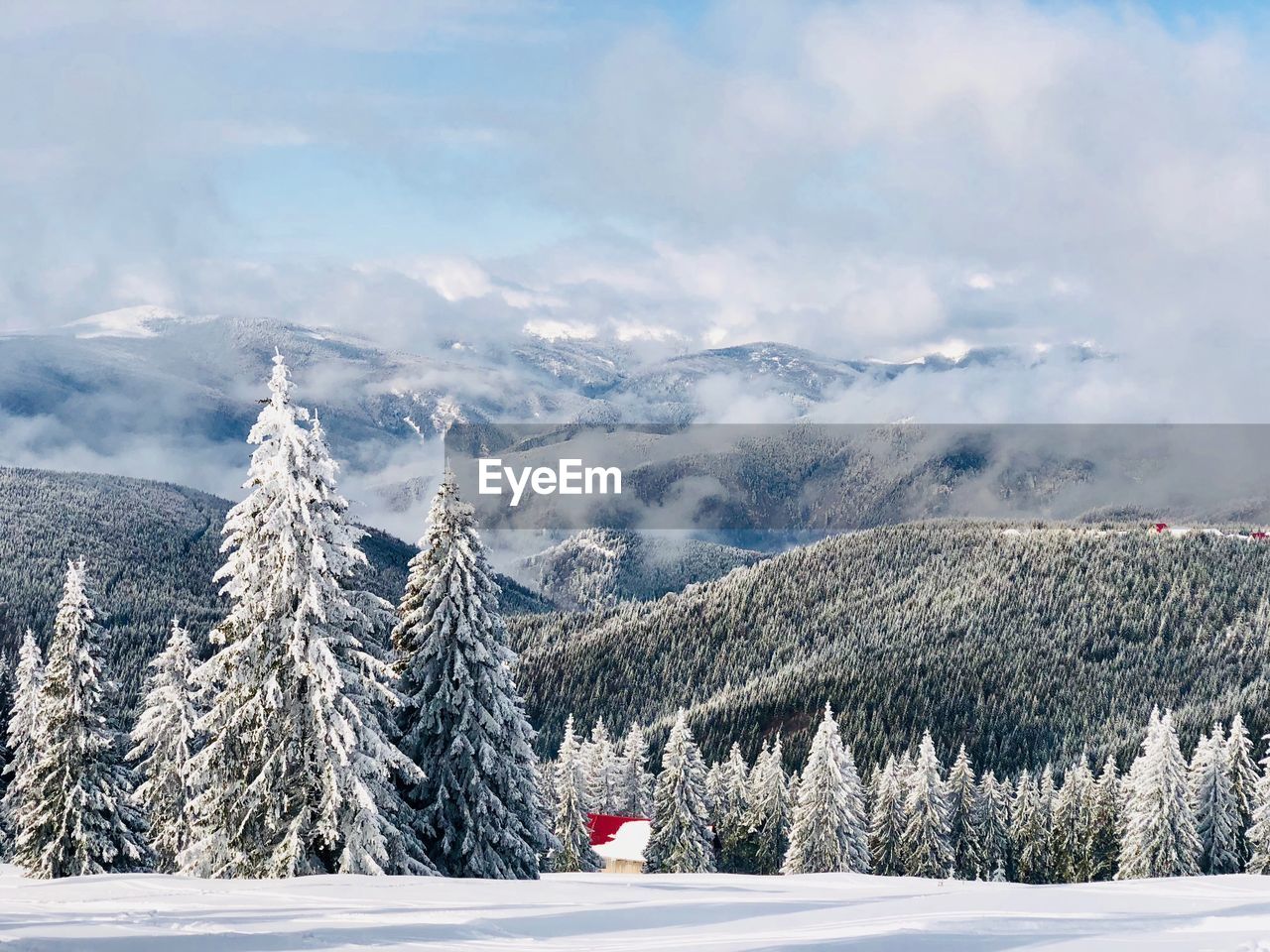 Scenic view of snow covered mountains against sky