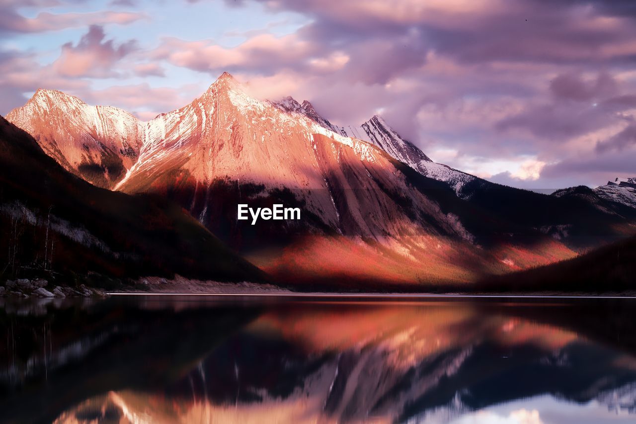 Scenic view of snowcapped mountains against sky during sunset