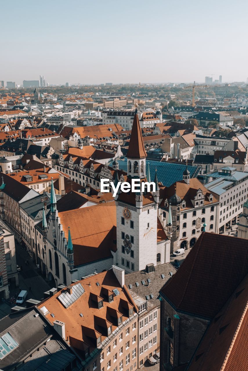 High angle view of townscape against clear sky