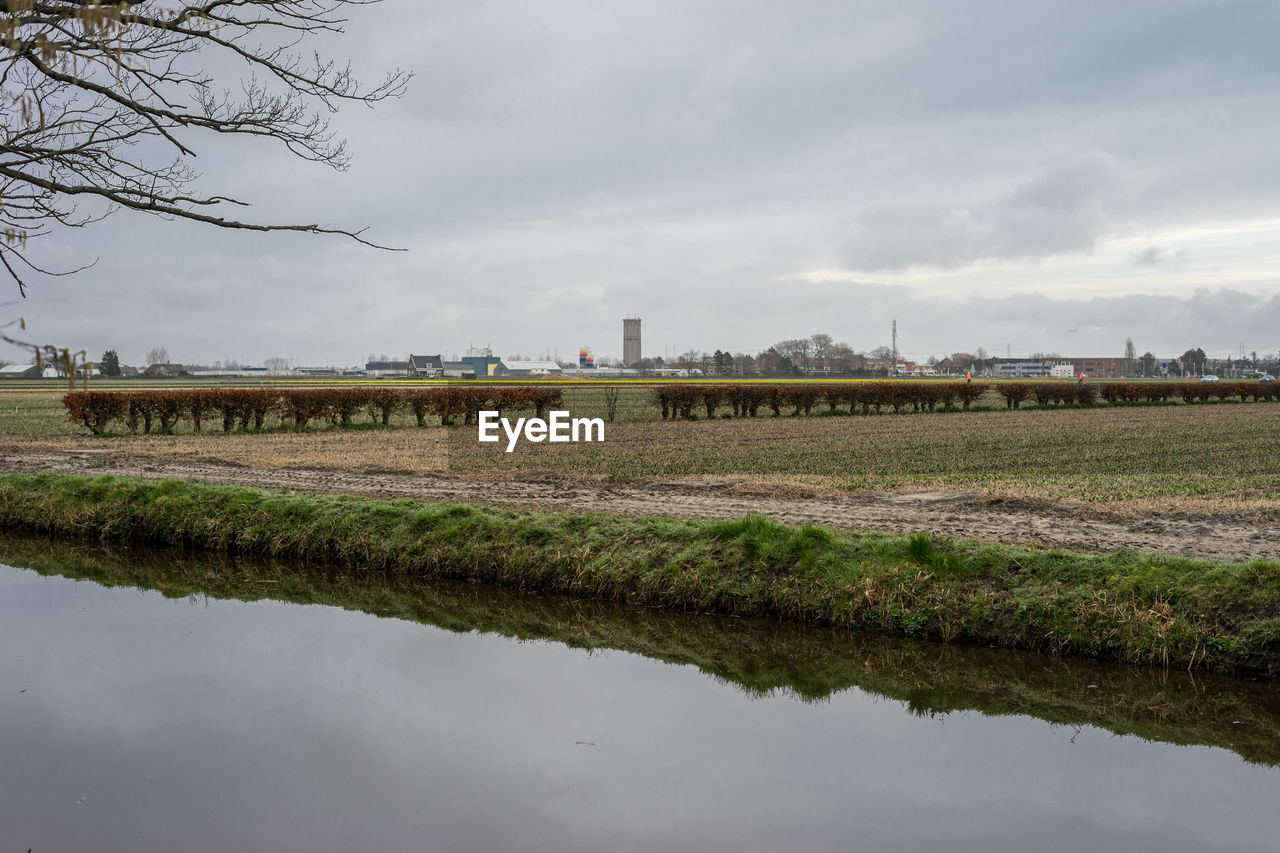 SCENIC VIEW OF LAKE BY FIELD AGAINST SKY