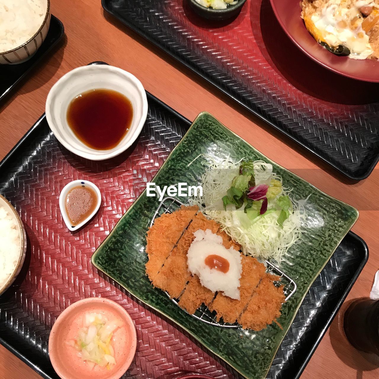 High angle view of meal served on table