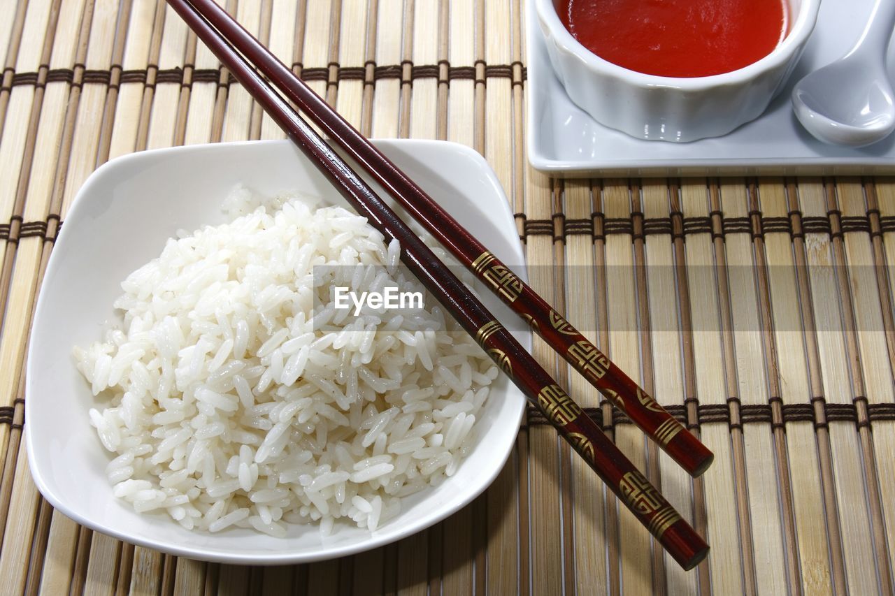 High angle view of rice served in plate on table