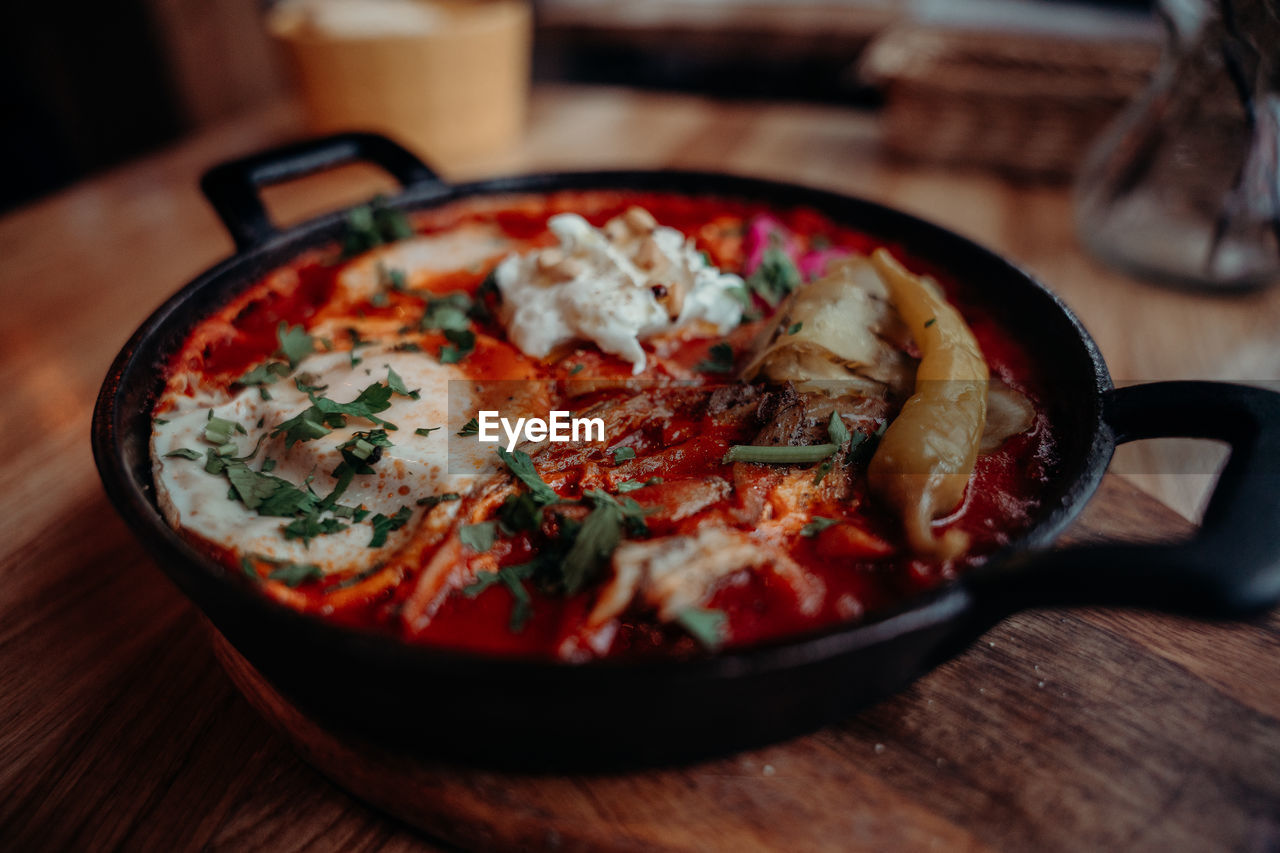 high angle view of food in bowl on table