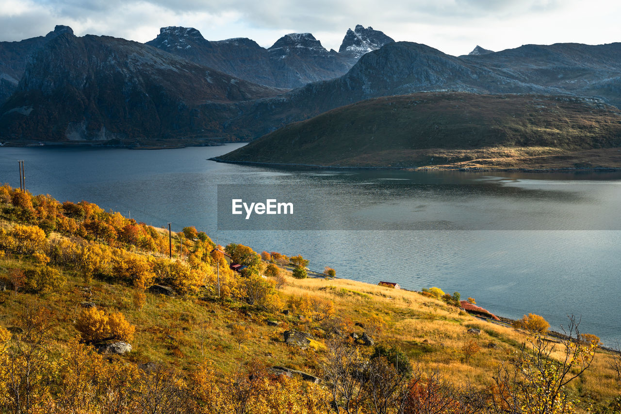 Scenic view of lake and mountains against sky