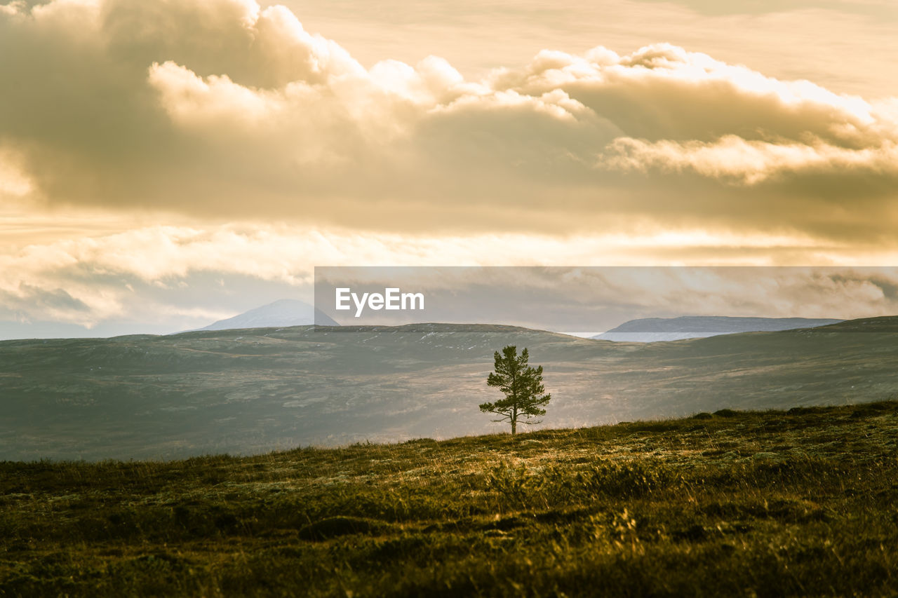 Scenic view of land and mountains against sky