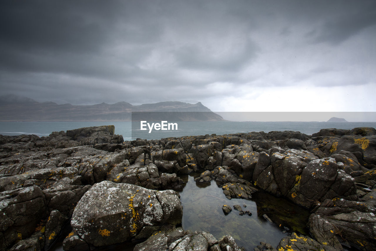 Scenic view of sea and rocks against sky