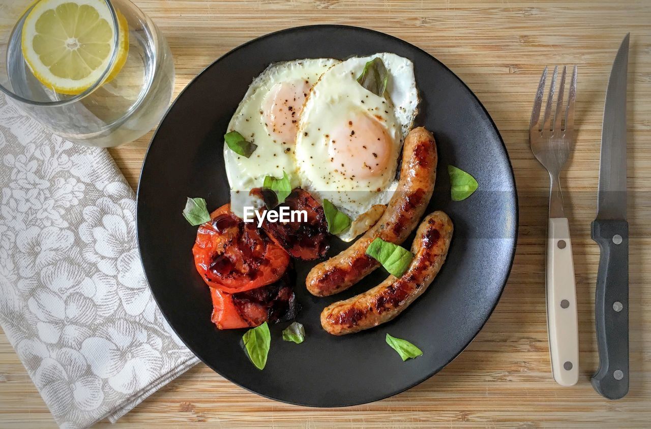 Close-up high angle view of breakfast on table