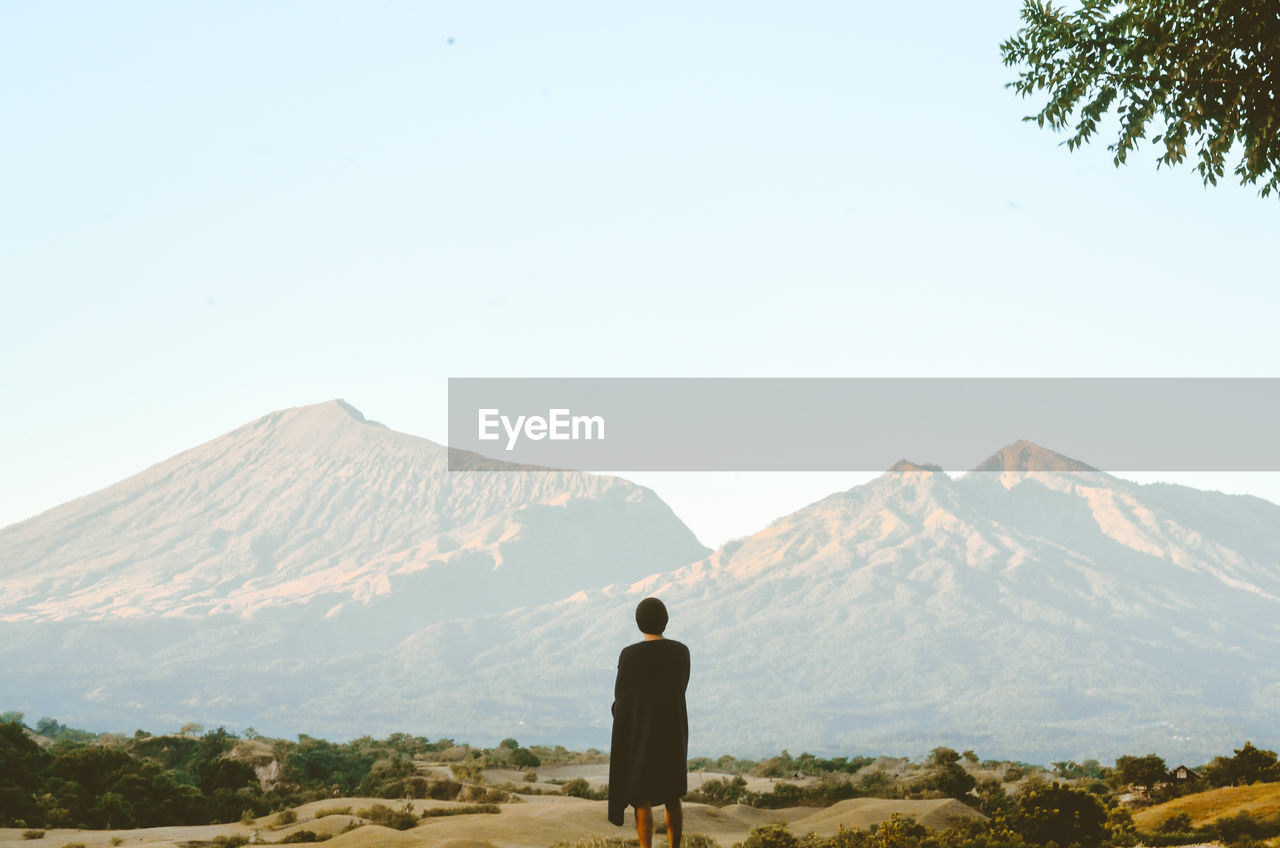 Rear view of man looking at mountains against clear sky