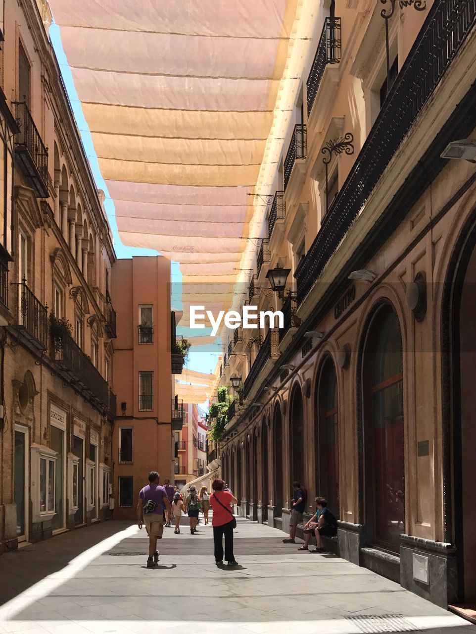 Rear view of people walking along buildings