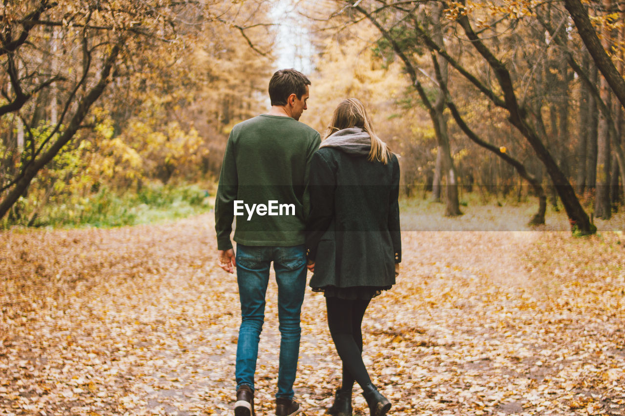 Rear view of couple walking in autumn forest
