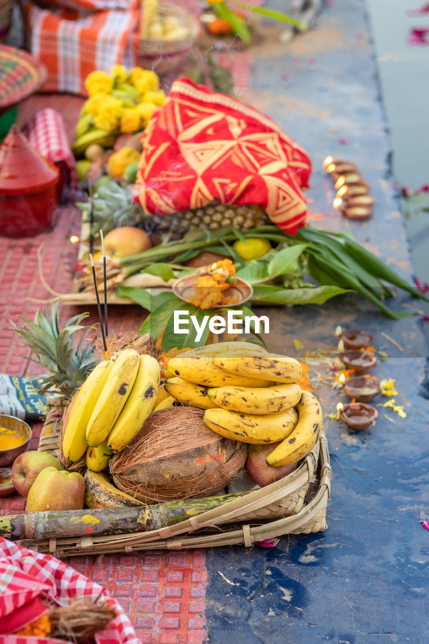 Hindu religious offerings for sun god during chhath festival from different angle