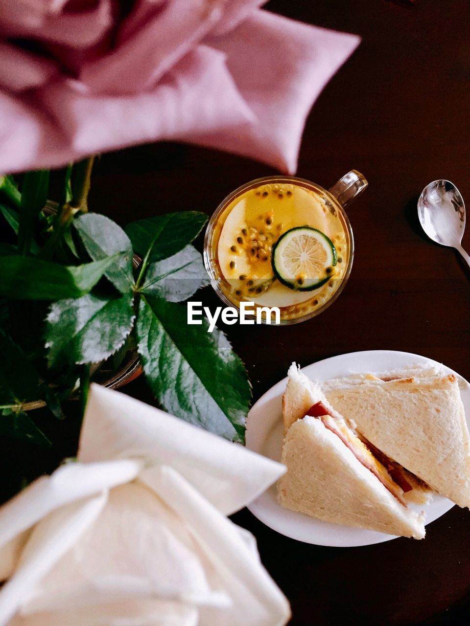 High angle view of breakfast served on table