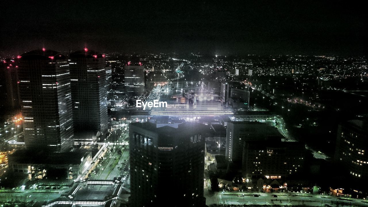 Aerial view of illuminated cityscape