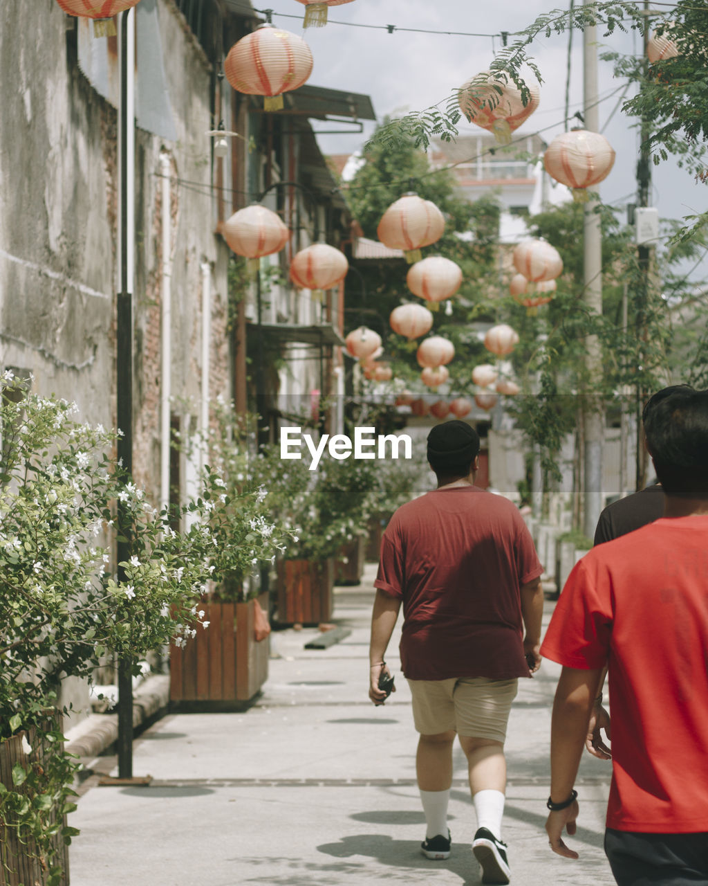 Rear view of men walking on street in city