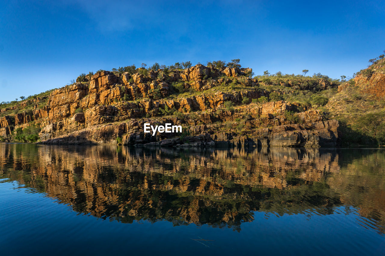 Scenic view of calm lake against clear sky