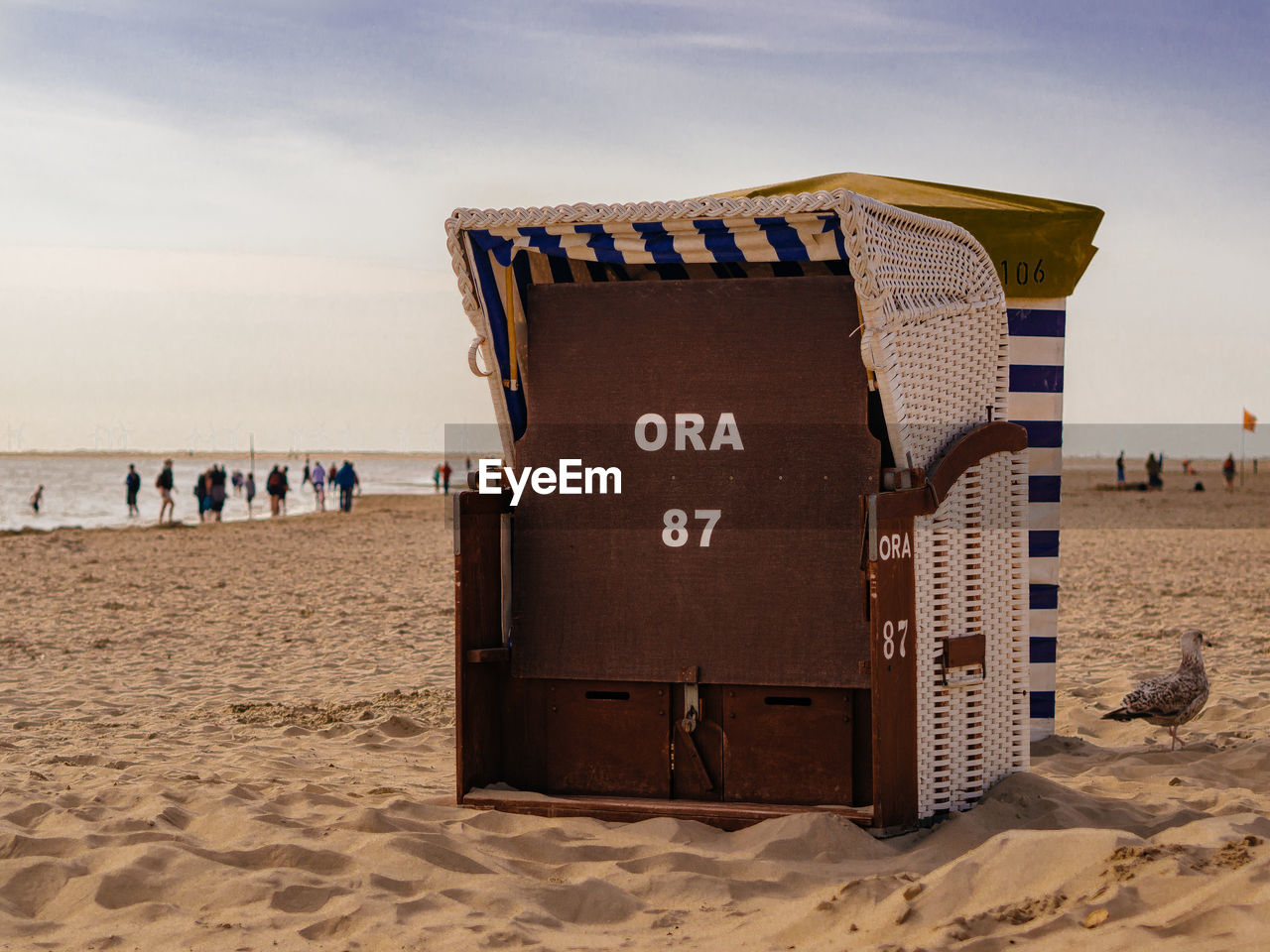 Hooded beach chair on sand