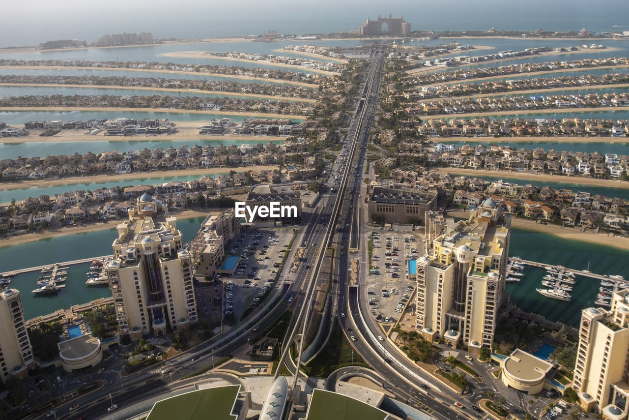 United arab emirates, dubai, elevated view of palm jumeirah archipelago