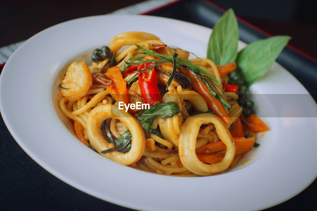 Close-up of noodles served in plate