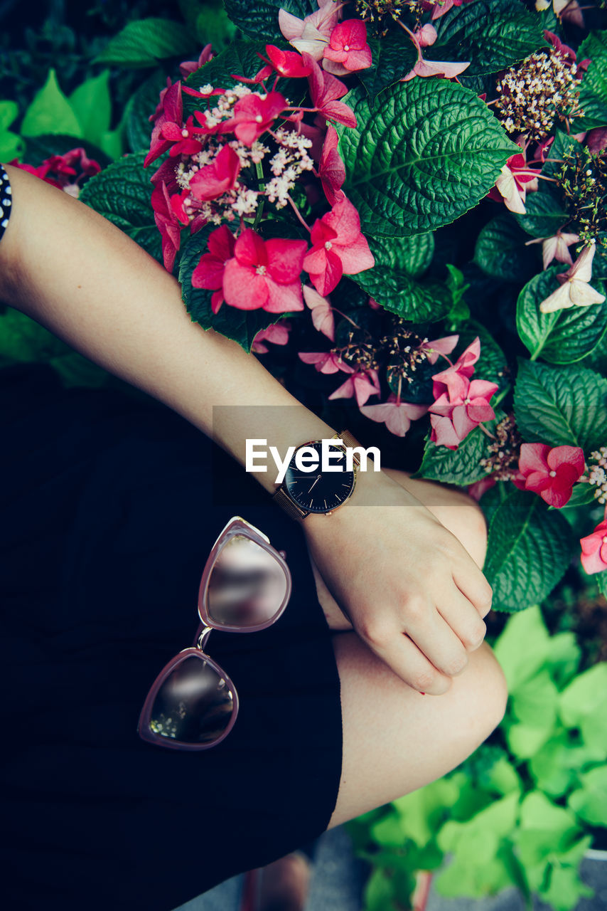 Midsection of woman with sunglasses sitting by plants