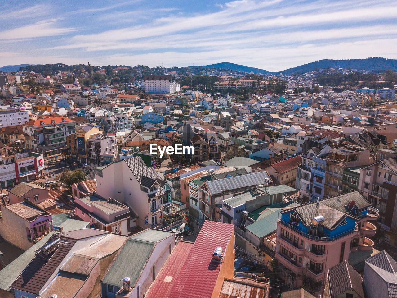 Aerial view of crowded buildings in city