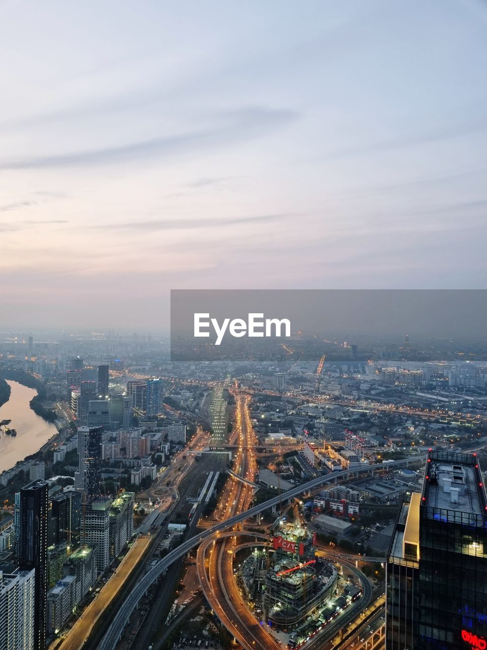 High angle view of cityscape against sky during sunset