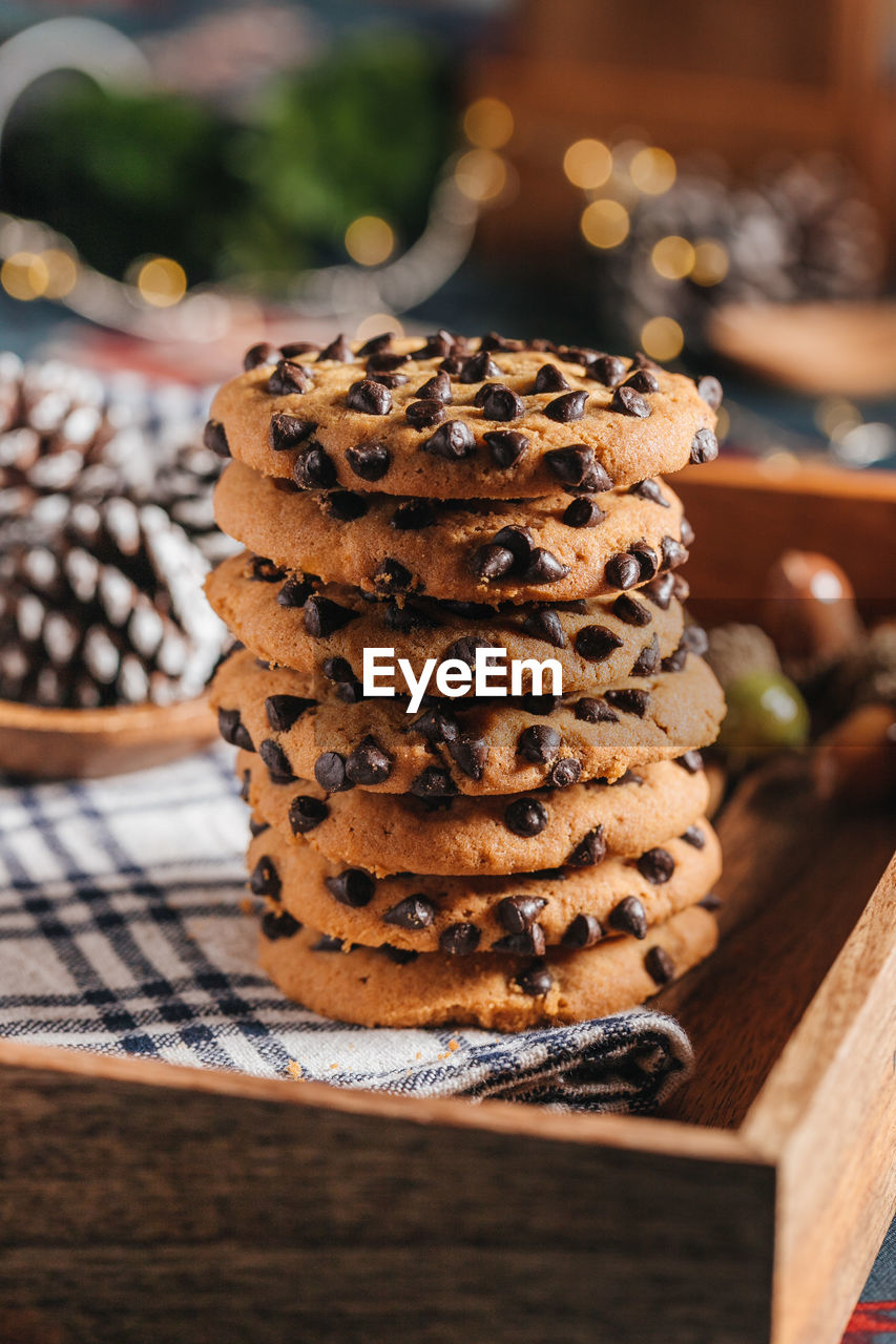 Close-up of cookies stacked on table