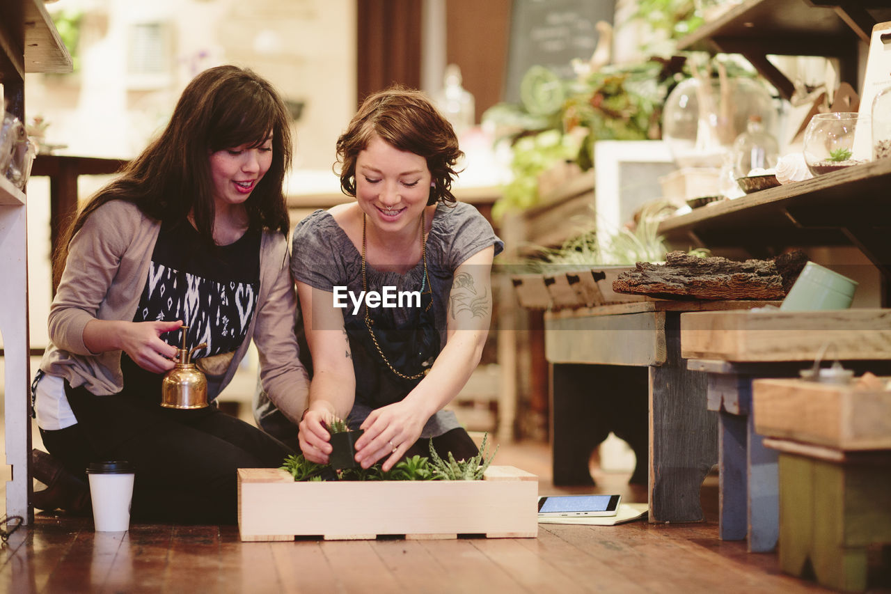 Female coworkers planting plants in crate at garden center