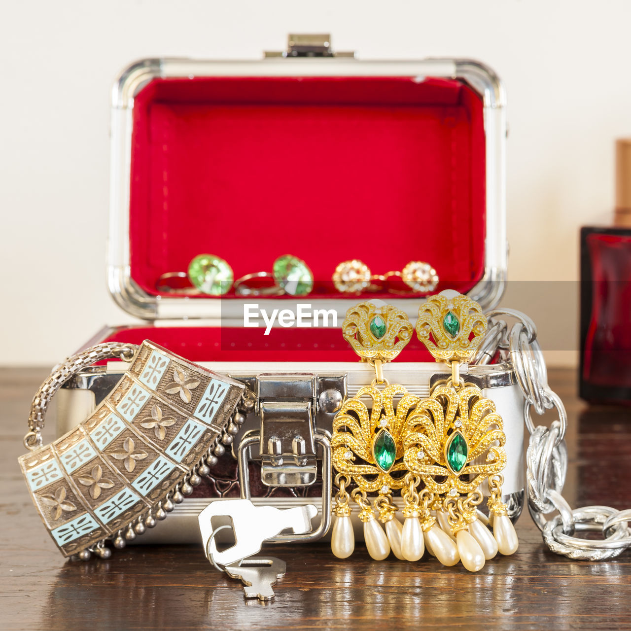 Close-up of jewelry in box on table