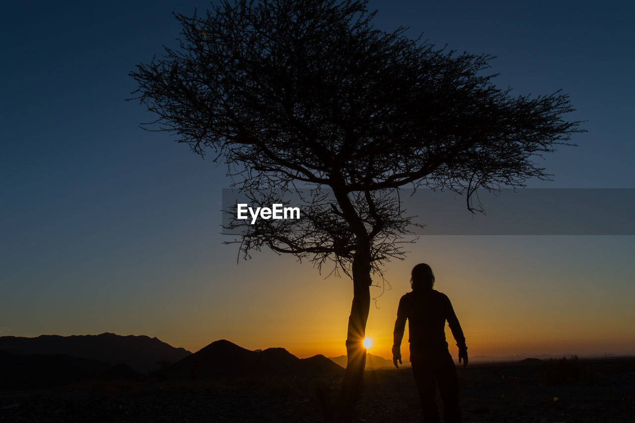 silhouette, horizon, sky, dawn, sunset, nature, tree, men, beauty in nature, scenics - nature, mountain, evening, adult, landscape, plant, land, environment, sunlight, standing, one person, leisure activity, lifestyles, outdoors, tranquility, tranquil scene, travel, back lit, solitude, full length, emotion, vacation, clear sky, sun, blue, travel destinations, trip, natural environment, copy space