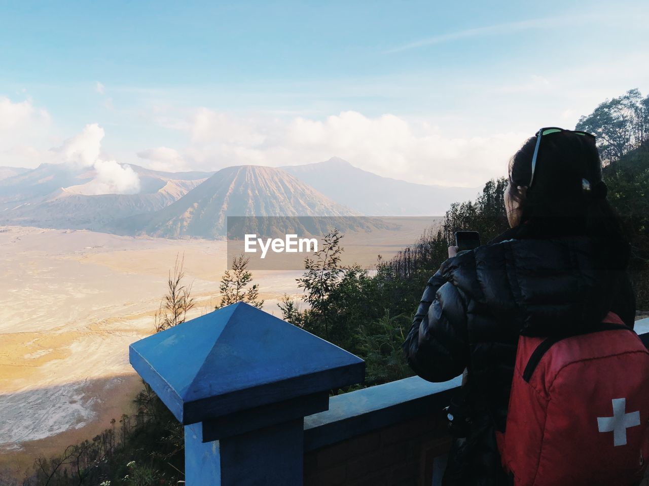 REAR VIEW OF MAN LOOKING AT SNOWCAPPED MOUNTAIN