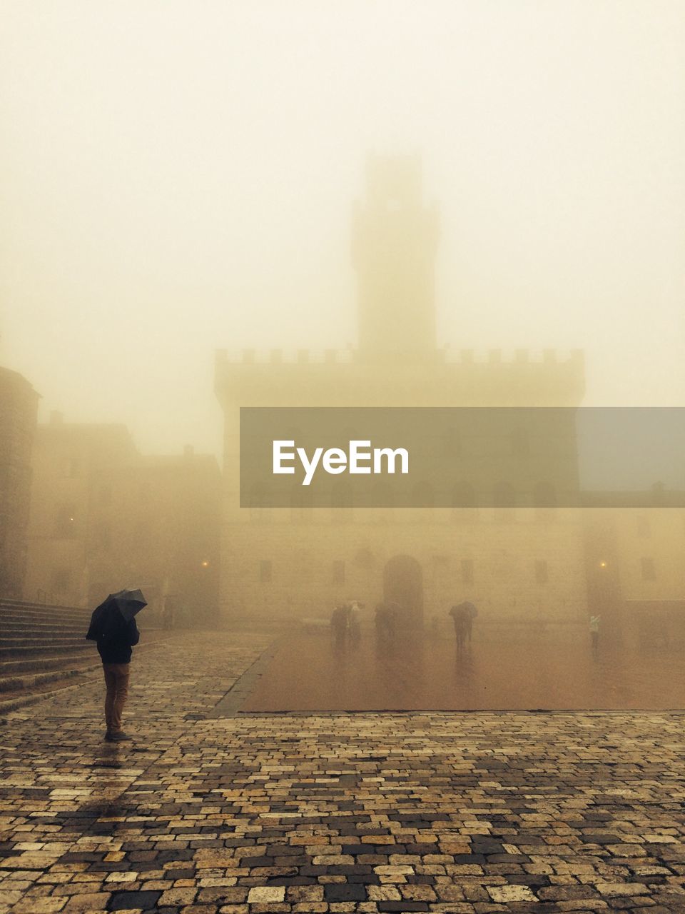 Man with umbrella standing by cathedral during foggy weather