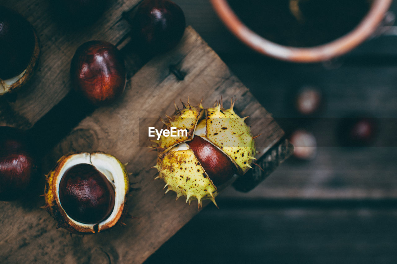 High angle view of chestnuts on table