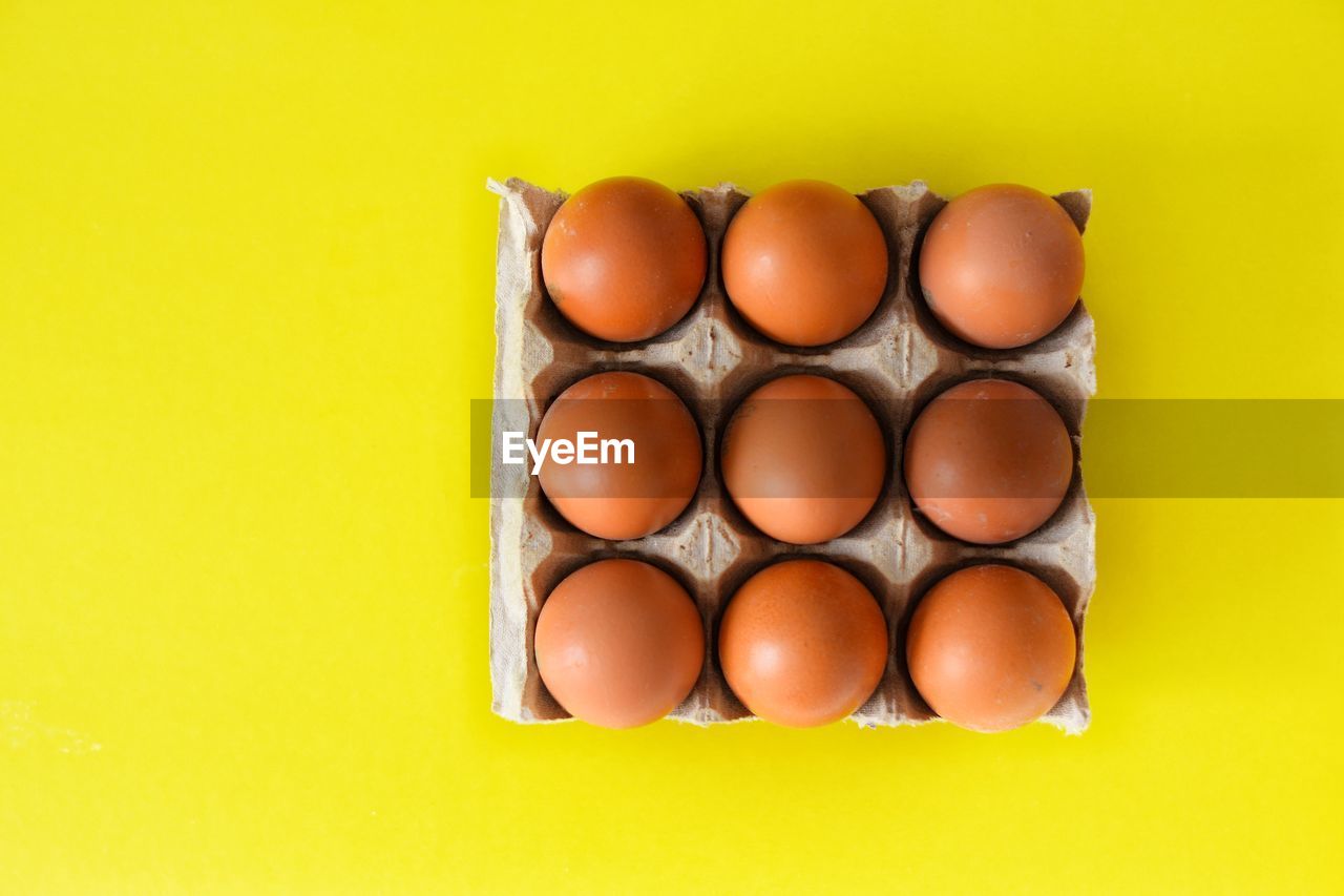 High angle view of eggs on yellow background