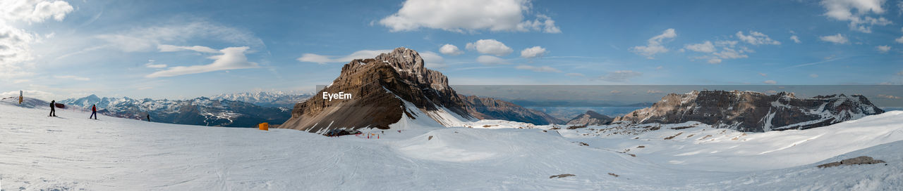 Panoramic view of snowcapped mountains against sky