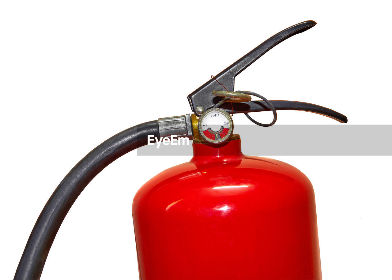 red, fire extinguisher, cut out, white background, studio shot, bottle, single object, orange, metal, no people
