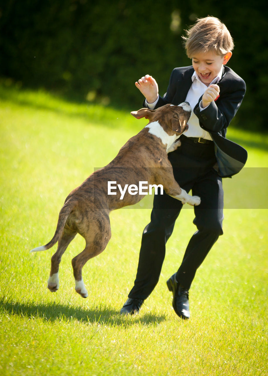 View of boy playing with dog