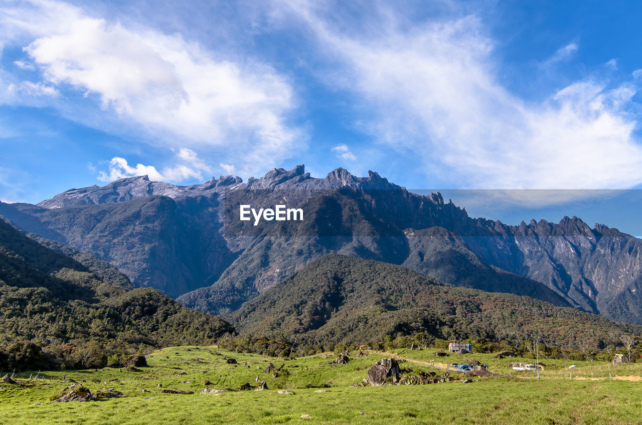 Scenic view of mountains against cloudy sky