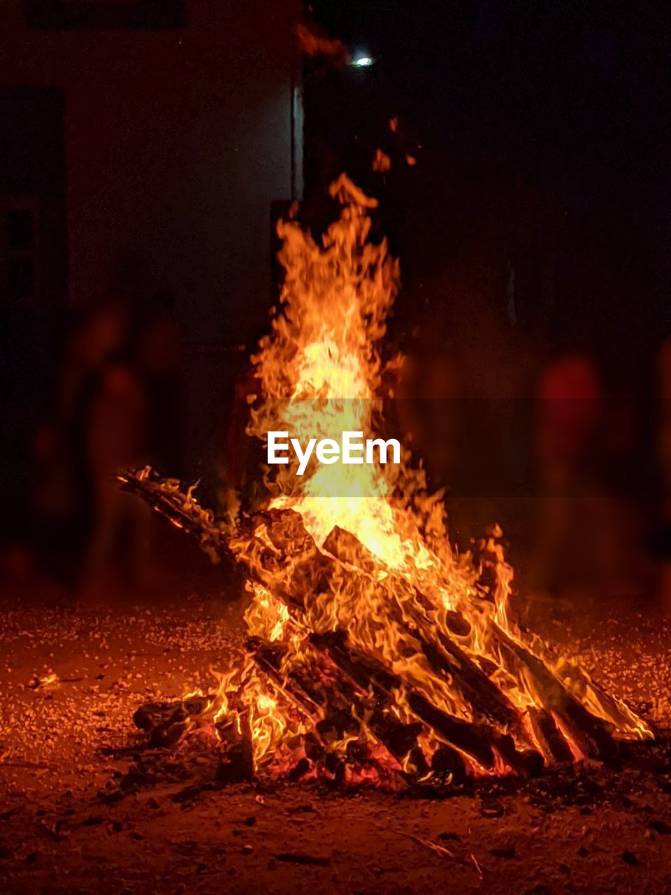 Bonfire on wooden log at night